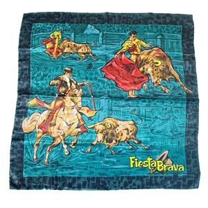 Fiesta Brava Bullfighting Scarf 30x30 Square Satin Feel Matador Toro Spanish Art